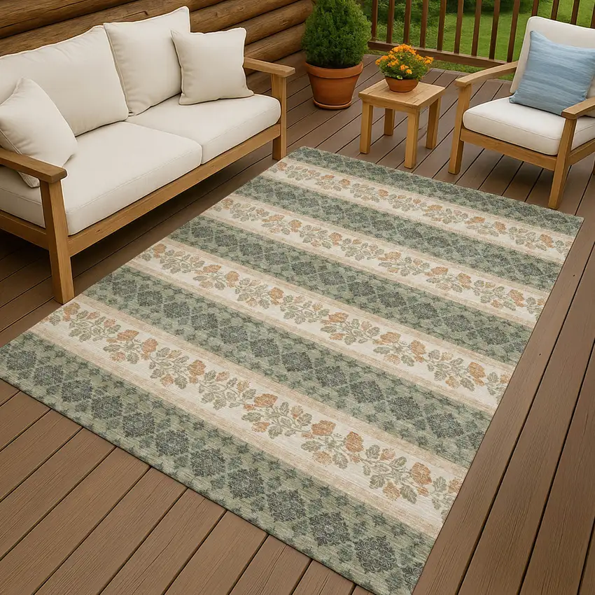 Sage And Ivory Striped Washable Indoor Outdoor Area Rug Photo 4