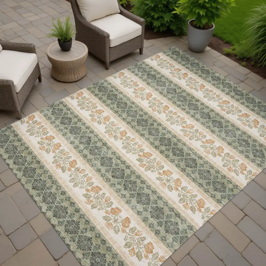 Sage And Ivory Striped Washable Indoor Outdoor Area Rug Photo 7