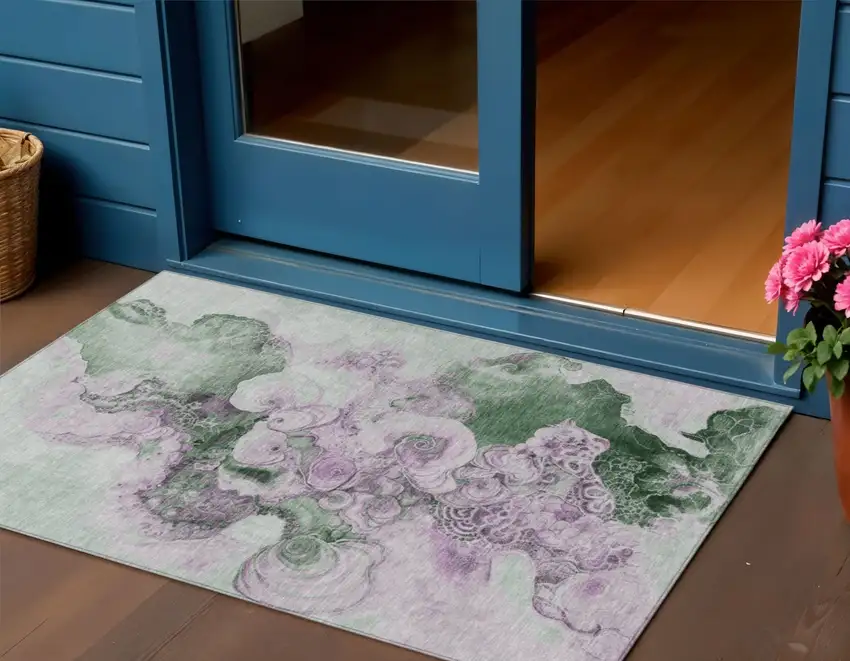 Sage And Lavender Abstract Washable Indoor Outdoor Area Rug Photo 2