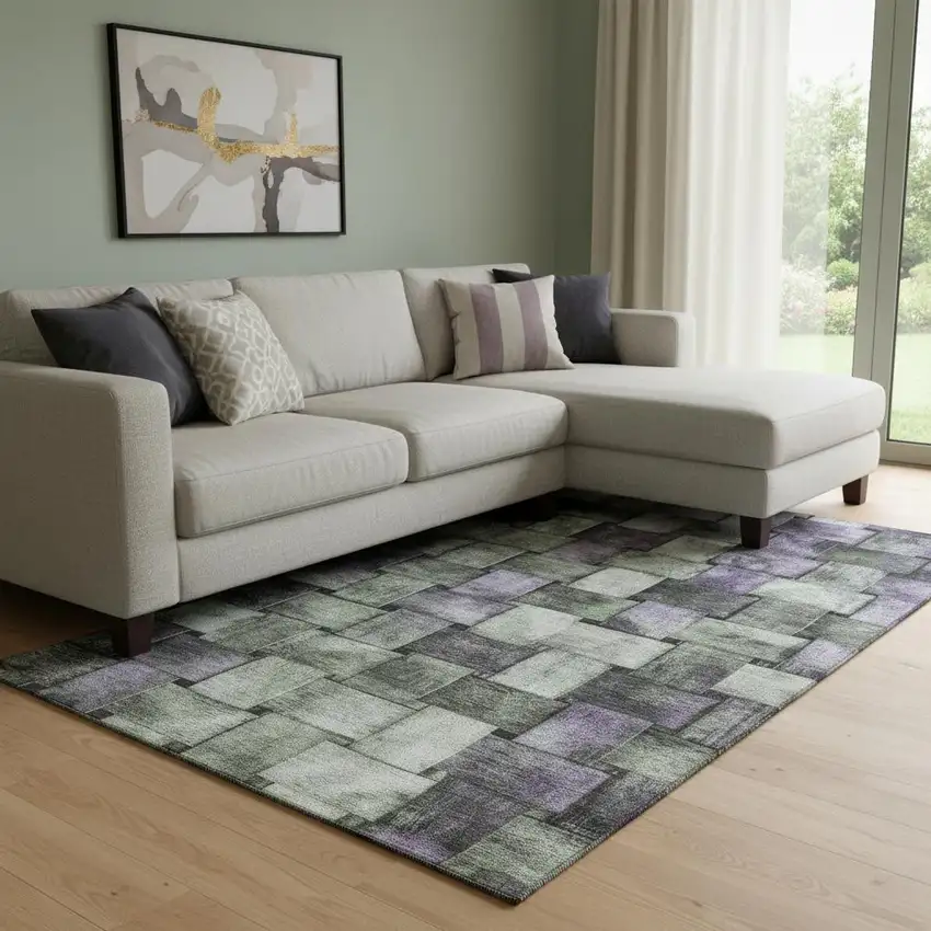 Sage And Lavender Striped Washable Area Rug With UV Protection Photo 2