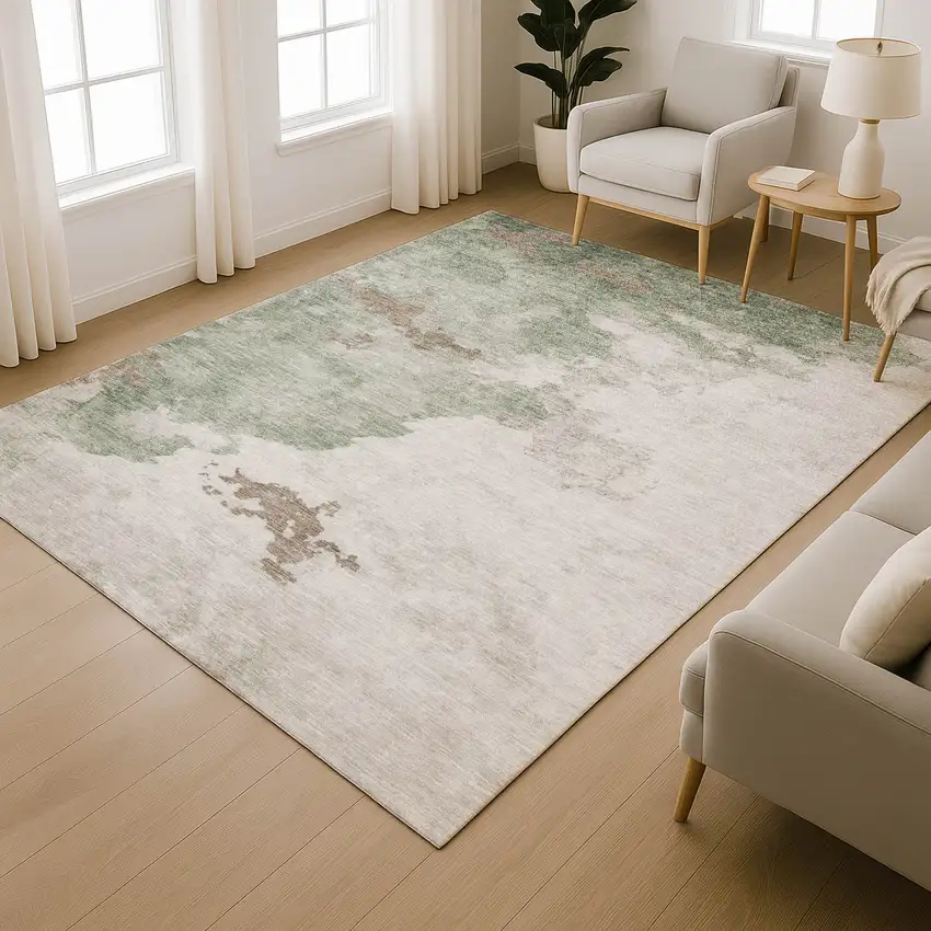 Sage And Linen Abstract Washable Area Rug With UV Protection Photo 6
