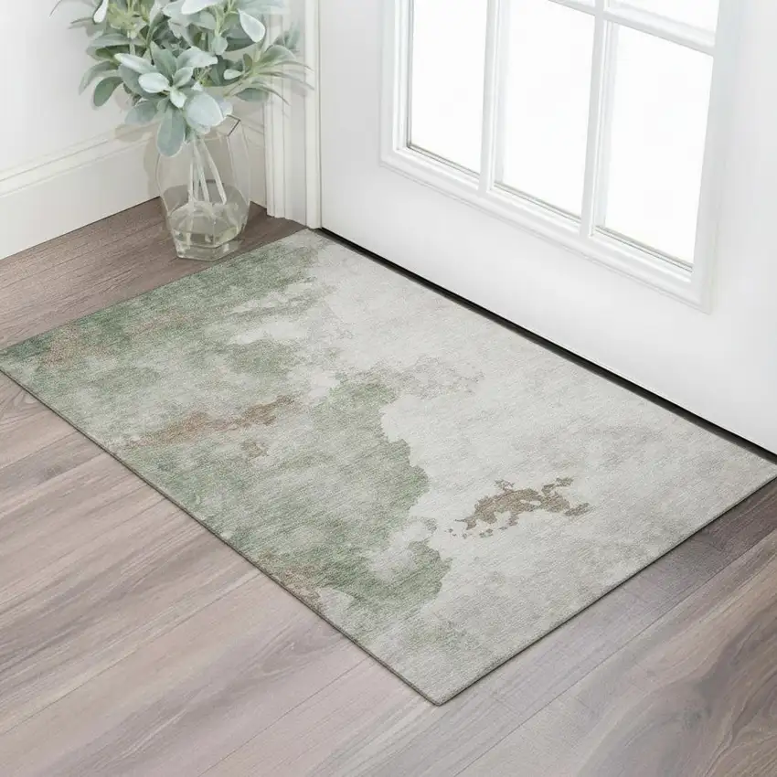 Sage And Linen Abstract Washable Area Rug With UV Protection Photo 2