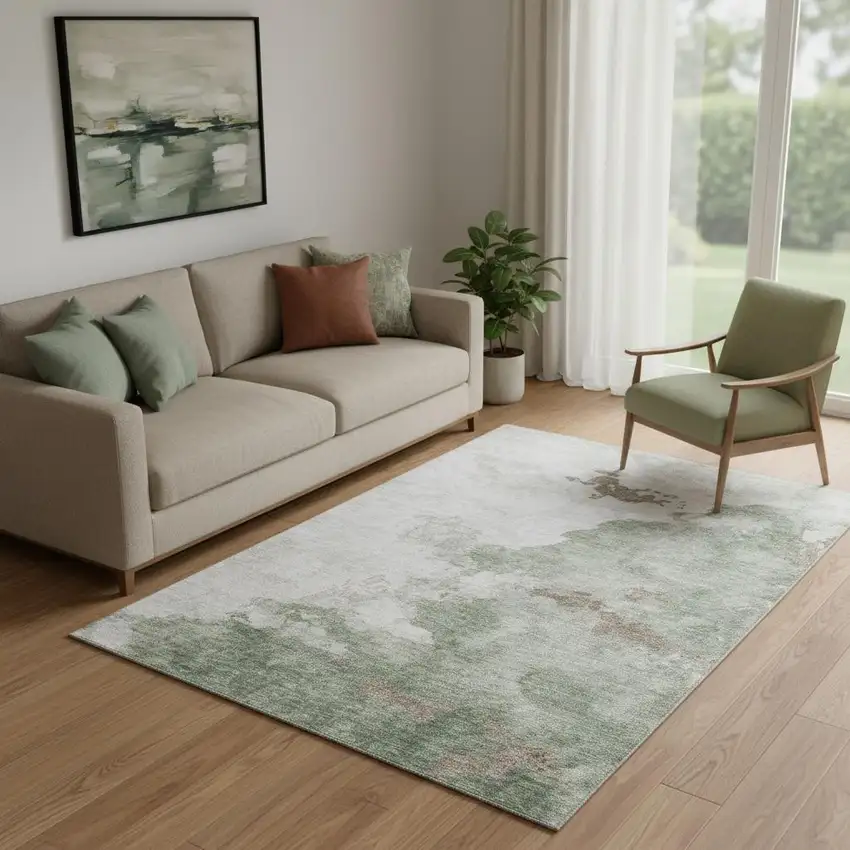 Sage And Linen Abstract Washable Area Rug With UV Protection Photo 2