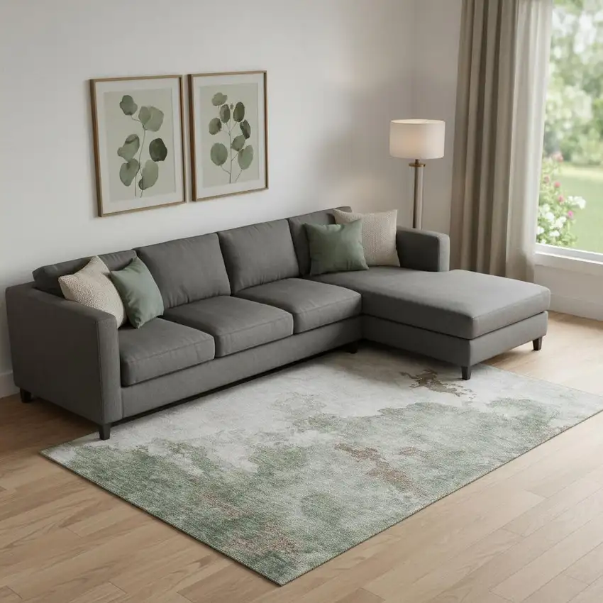 Sage And Linen Abstract Washable Area Rug With UV Protection Photo 2