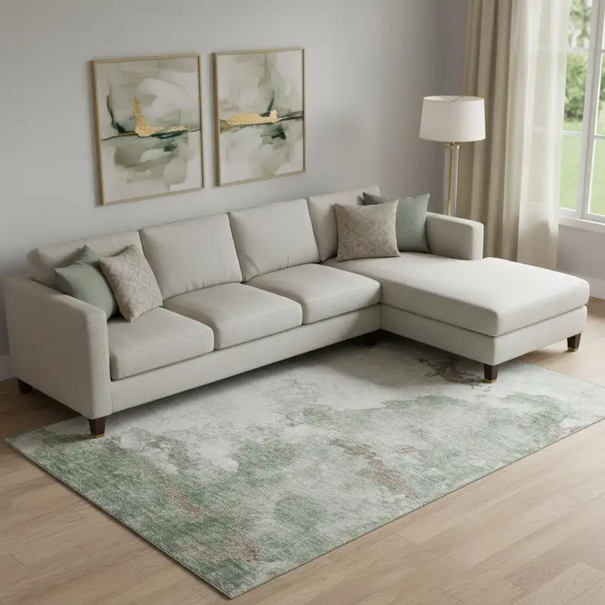 Sage And Linen Abstract Washable Area Rug With UV Protection Photo 2