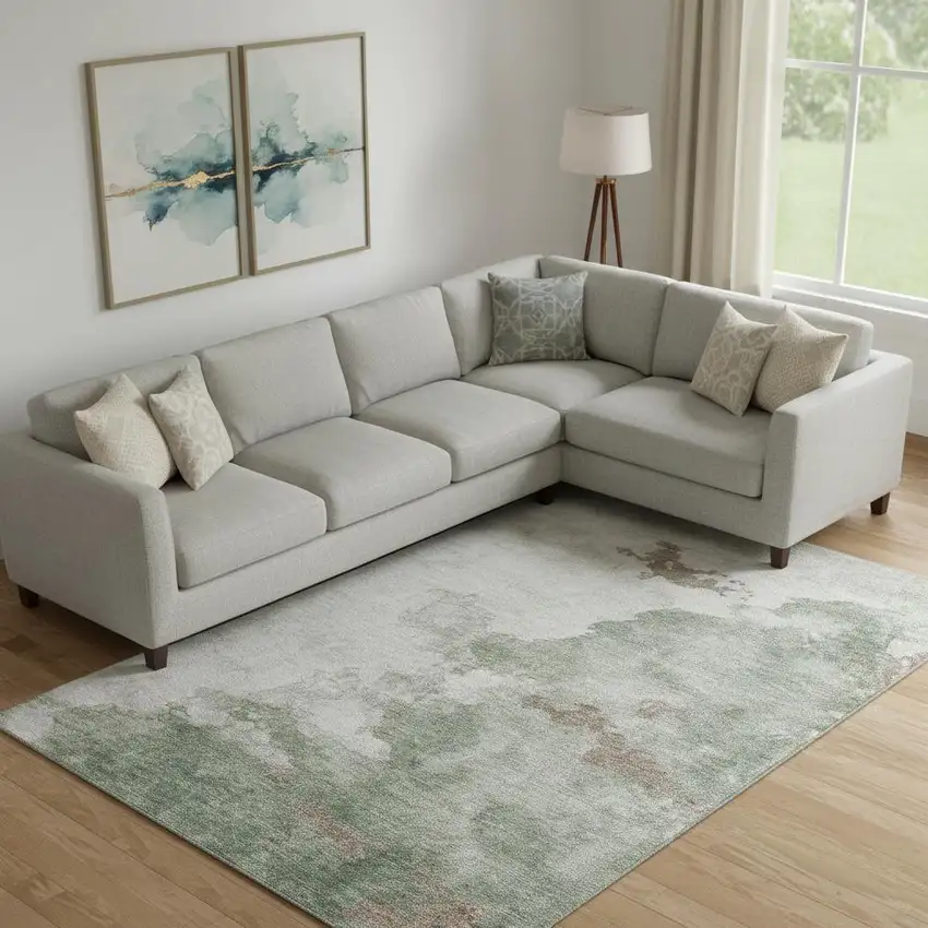 Sage And Linen Abstract Washable Area Rug With UV Protection Photo 2