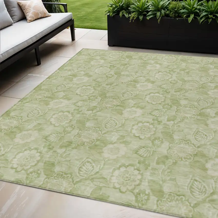 Sage And Mint Green Floral Washable Indoor Outdoor Area Rug Photo 2