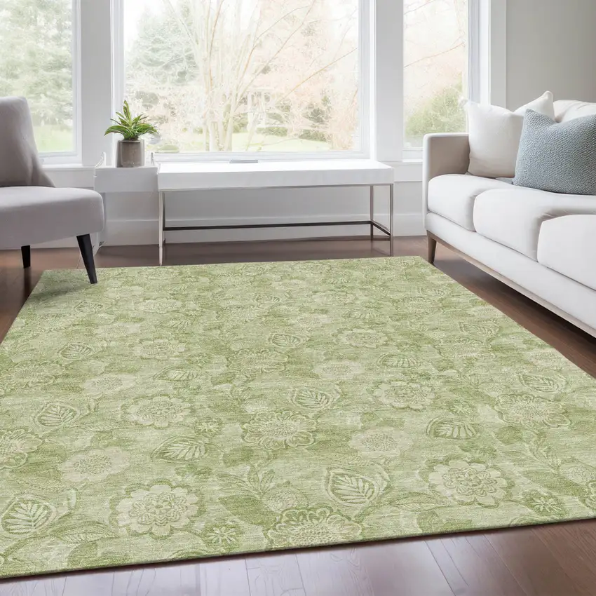 Sage And Mint Green Floral Washable Indoor Outdoor Area Rug Photo 7