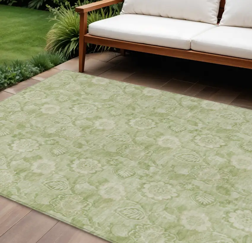 Sage And Mint Green Floral Washable Indoor Outdoor Area Rug Photo 2