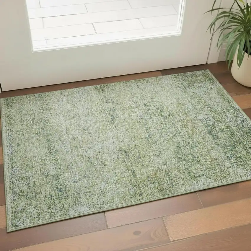 Sage And Olive Green Abstract Washable Area Rug With UV Protection Photo 2