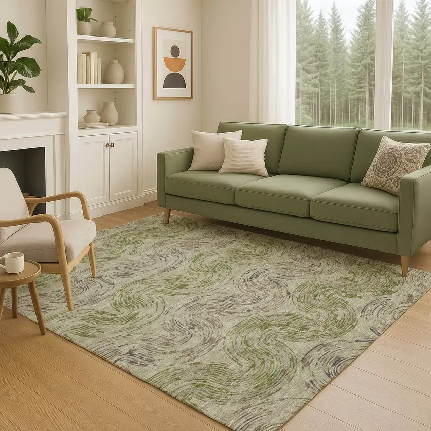 Sage And Olive Green Abstract Washable Indoor Outdoor Area Rug Photo 5