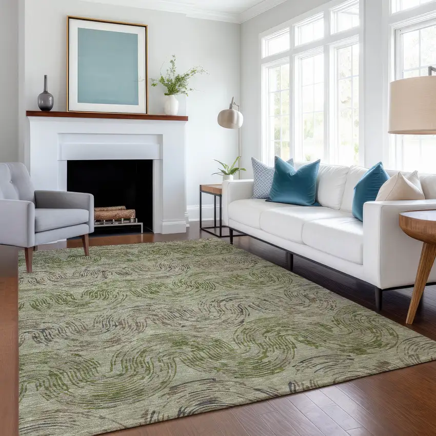 Sage And Olive Green Abstract Washable Indoor Outdoor Area Rug Photo 6
