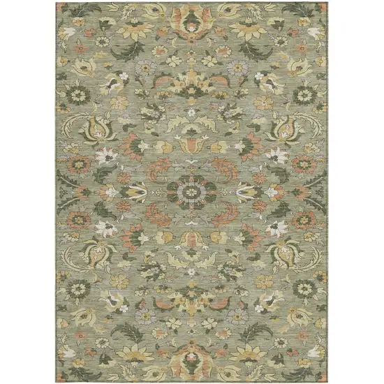 Sage And Olive Green Floral Medallion Washable Indoor Outdoor Area Rug Photo 3