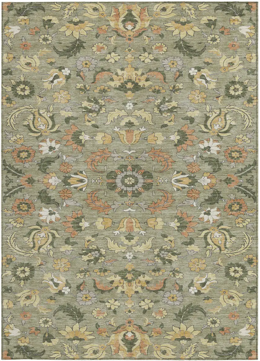 Sage And Olive Green Floral Medallion Washable Indoor Outdoor Area Rug Photo 3