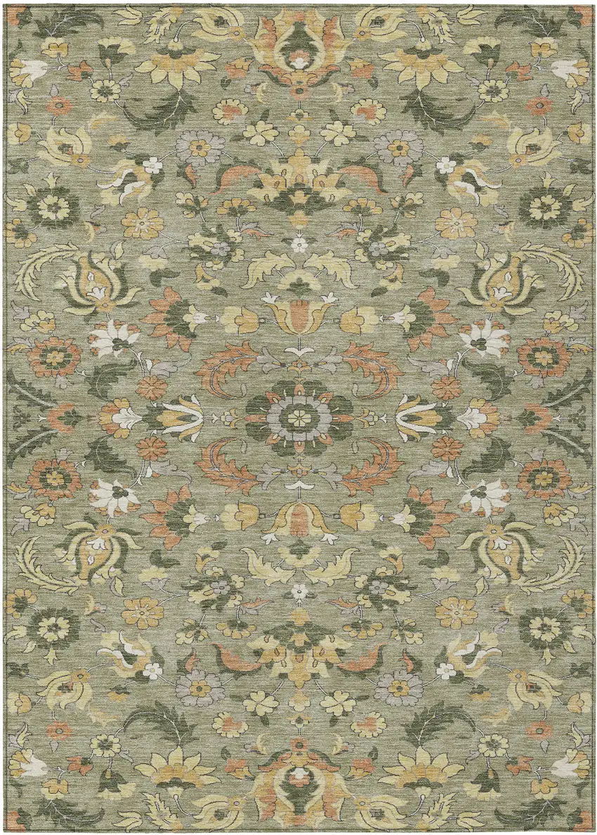 Sage And Olive Green Floral Medallion Washable Indoor Outdoor Area Rug Photo 1
