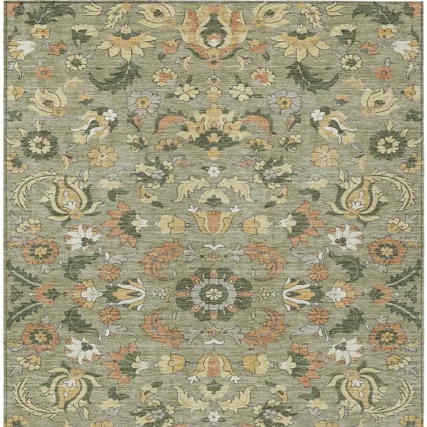 Sage And Olive Green Floral Medallion Washable Indoor Outdoor Area Rug Photo 3