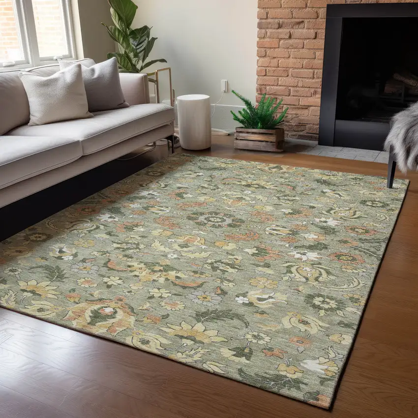 Sage And Olive Green Floral Medallion Washable Indoor Outdoor Area Rug Photo 5