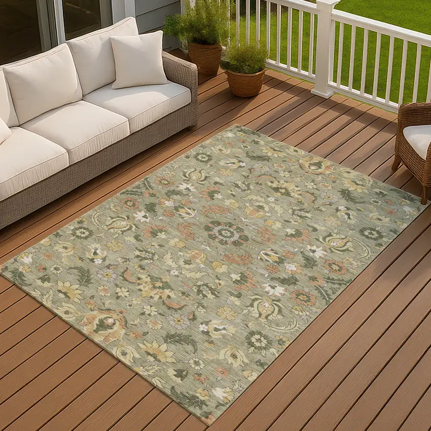Sage And Olive Green Floral Medallion Washable Indoor Outdoor Area Rug Photo 7