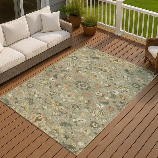 Sage And Olive Green Floral Medallion Washable Indoor Outdoor Area Rug Photo 7