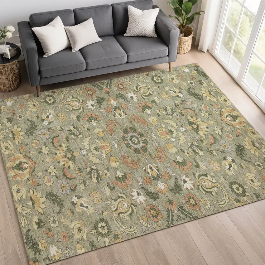 Sage And Olive Green Floral Medallion Washable Indoor Outdoor Area Rug Photo 6