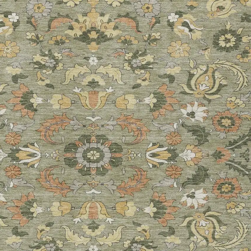 Sage And Olive Green Floral Medallion Washable Indoor Outdoor Area Rug Photo 2