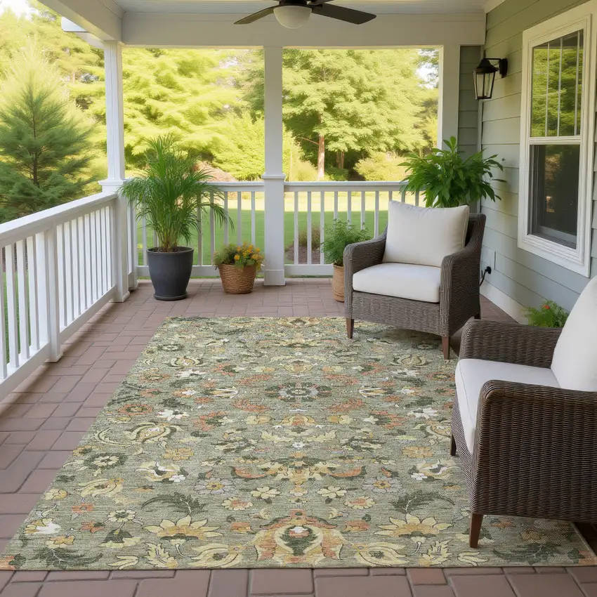 Sage And Olive Green Floral Medallion Washable Indoor Outdoor Area Rug Photo 4