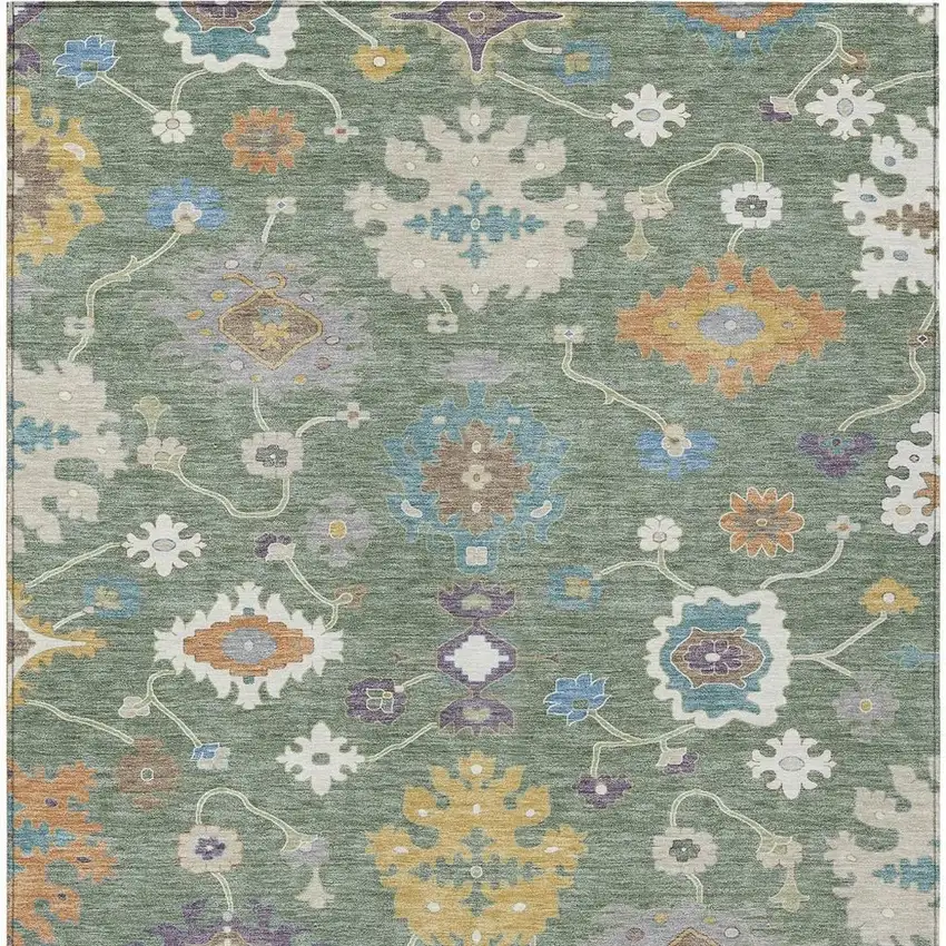 Sage And Orange Oriental Washable Indoor Outdoor Area Rug Photo 4