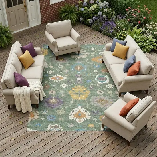 Sage And Orange Oriental Washable Indoor Outdoor Area Rug Photo 1