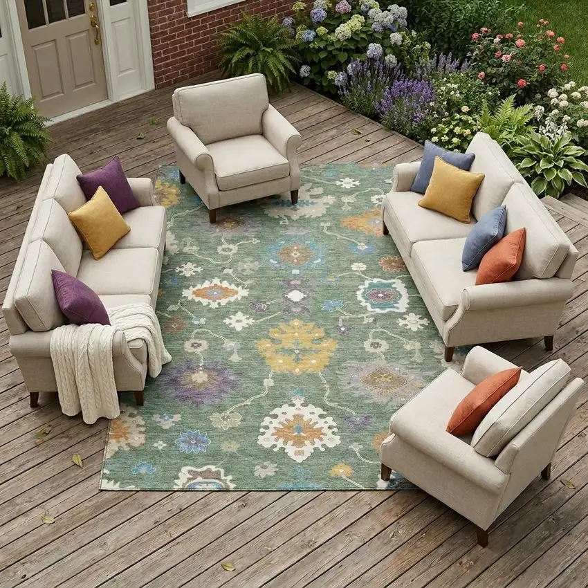 Sage And Orange Oriental Washable Indoor Outdoor Area Rug Photo 1