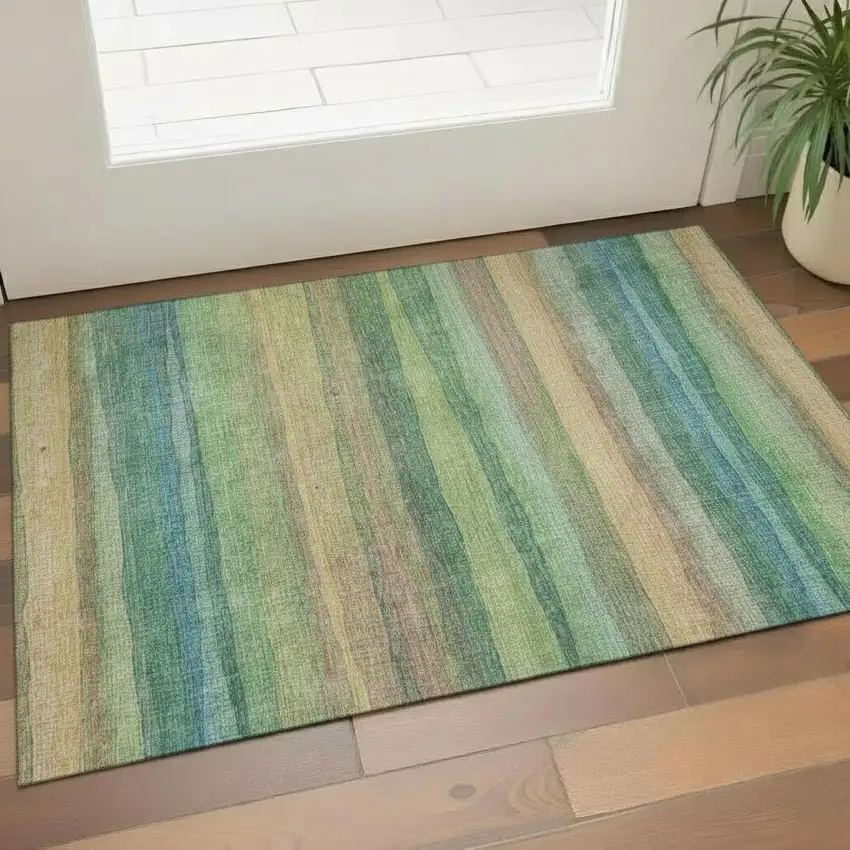 Sage And Peach Striped Washable Area Rug With UV Protection Photo 2
