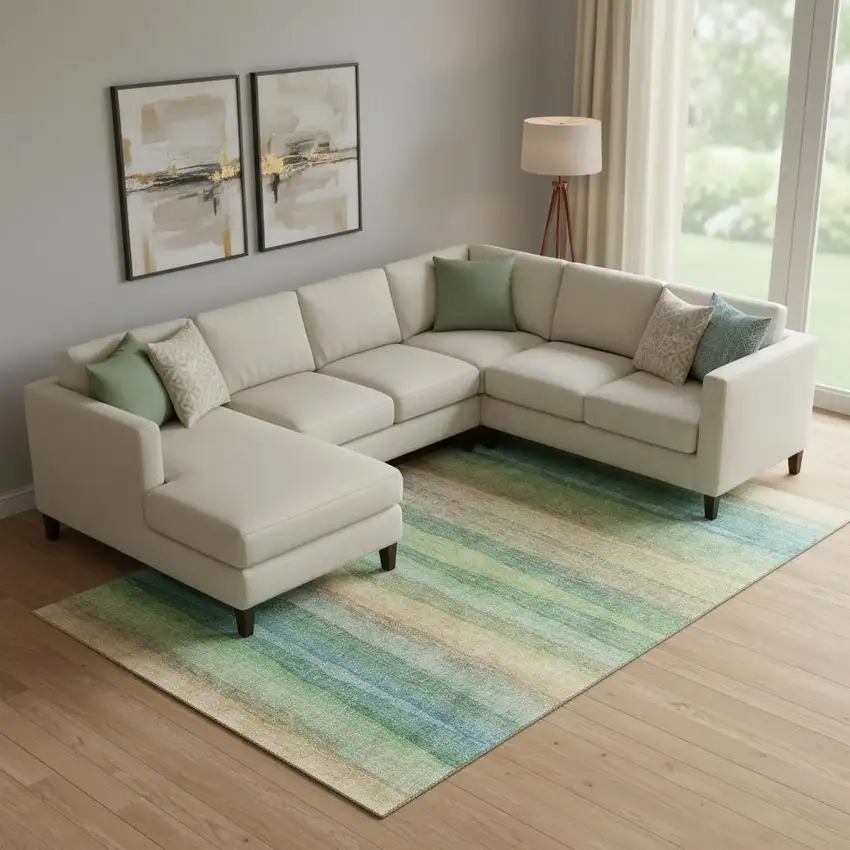 Sage And Peach Striped Washable Area Rug With UV Protection Photo 2