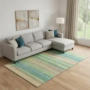 Photo of Sage And Peach Striped Washable Area Rug With UV Protection