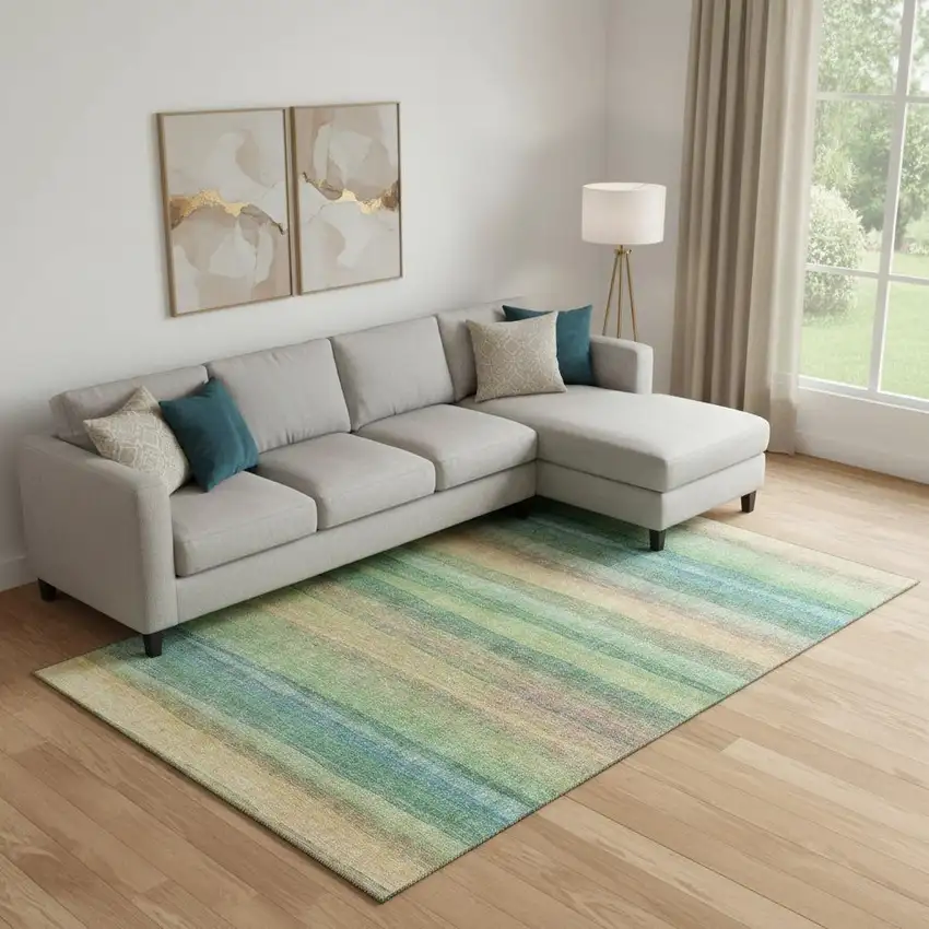 Sage And Peach Striped Washable Area Rug With UV Protection Photo 2