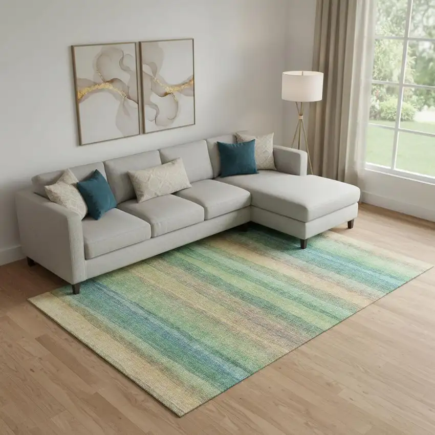 Sage And Peach Striped Washable Area Rug With UV Protection Photo 2