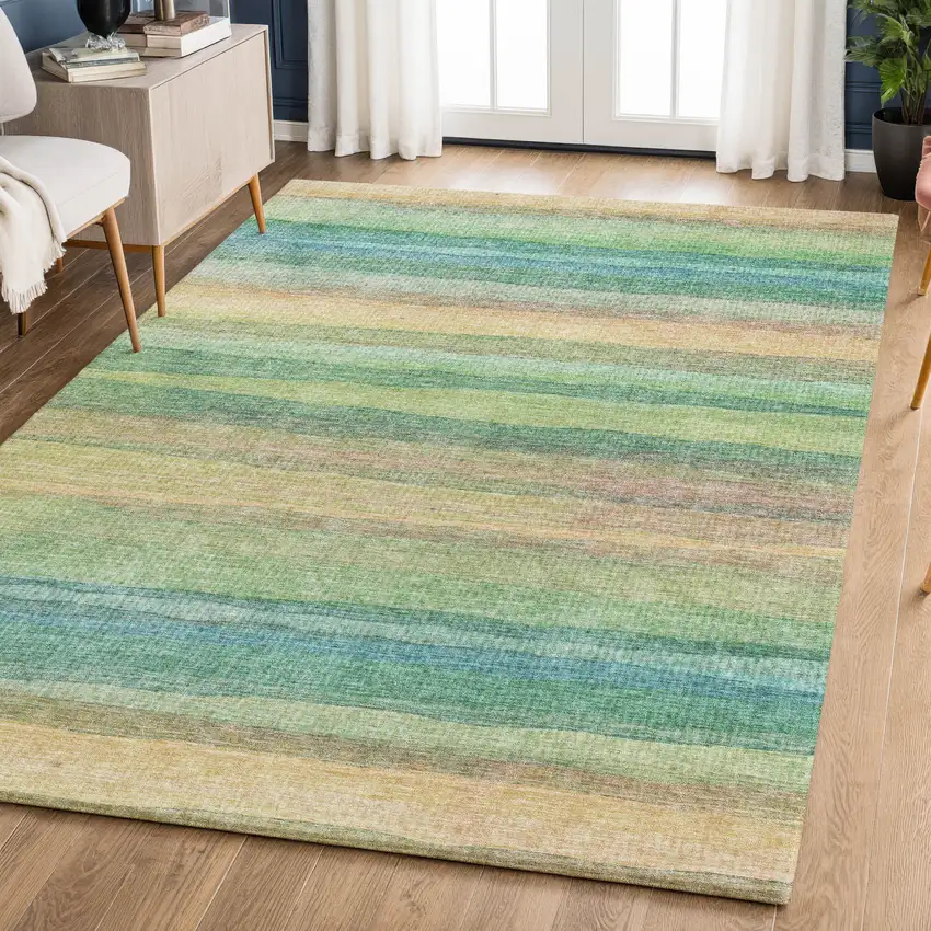 Sage And Peach Striped Washable Area Rug With UV Protection Photo 6
