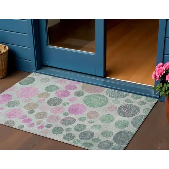 Sage And Pink Geometric Washable Indoor Outdoor Area Rug Photo 2