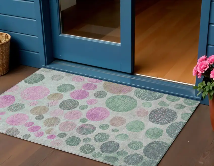 Sage And Pink Geometric Washable Indoor Outdoor Area Rug Photo 2
