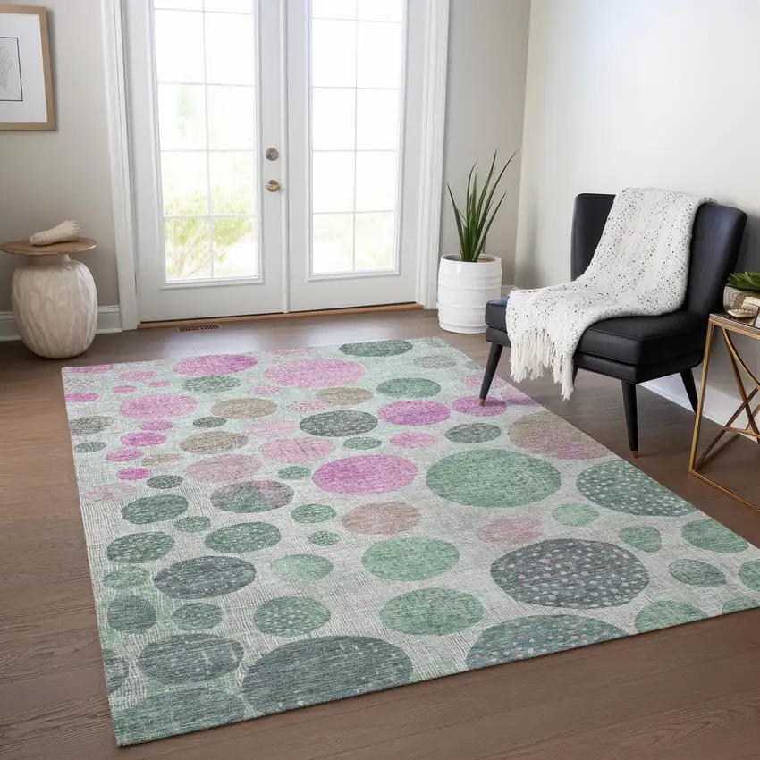 Sage And Pink Geometric Washable Indoor Outdoor Area Rug Photo 5