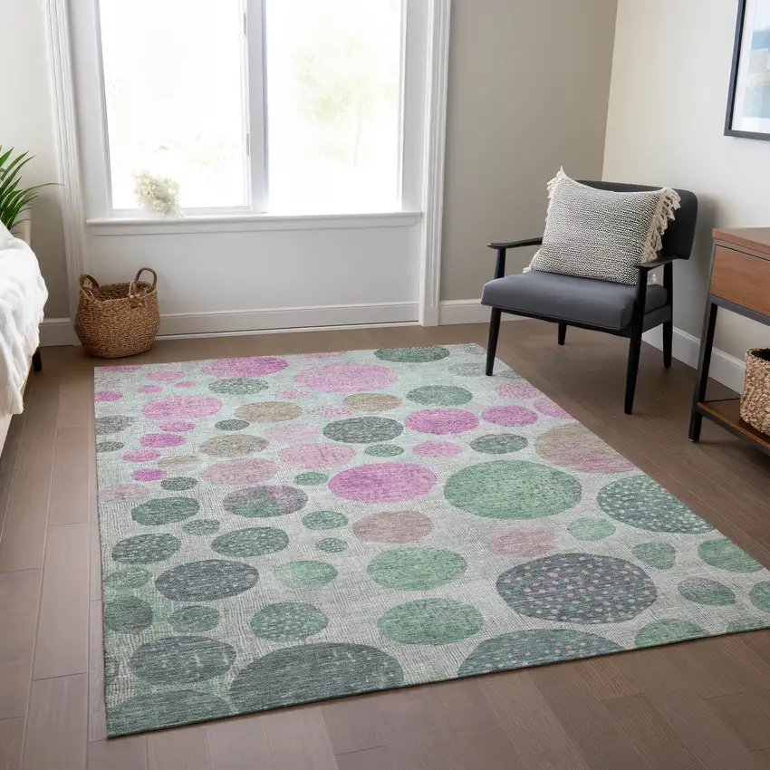 Sage And Pink Geometric Washable Indoor Outdoor Area Rug Photo 7