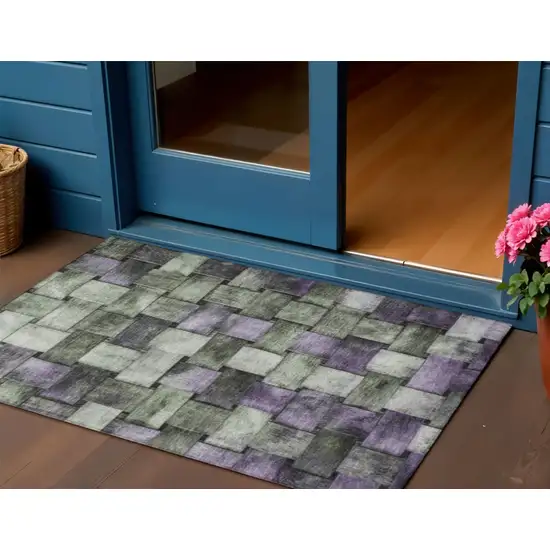 Sage And Purple Striped Washable Indoor Outdoor Area Rug Photo 2
