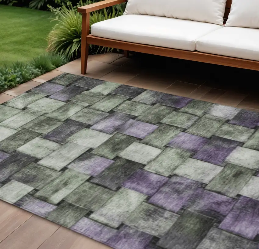 Sage And Purple Striped Washable Indoor Outdoor Area Rug Photo 2
