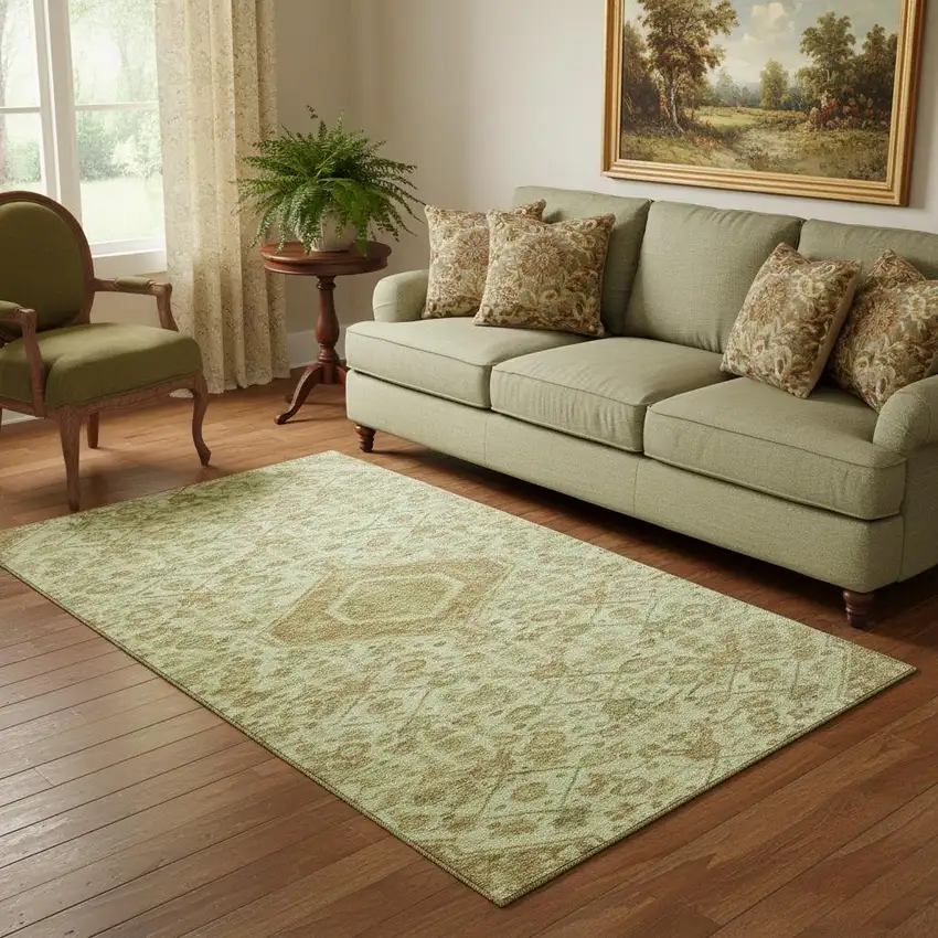 Sage And Salmon Floral Washable Area Rug With UV Protection Photo 2