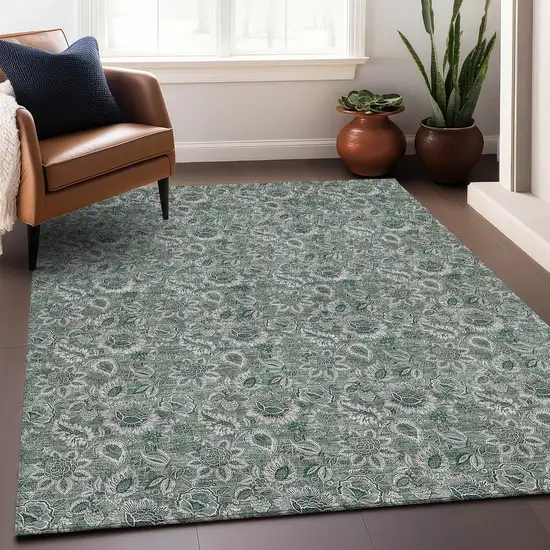 Sage And Silver Floral Washable Area Rug With UV Protection Photo 5