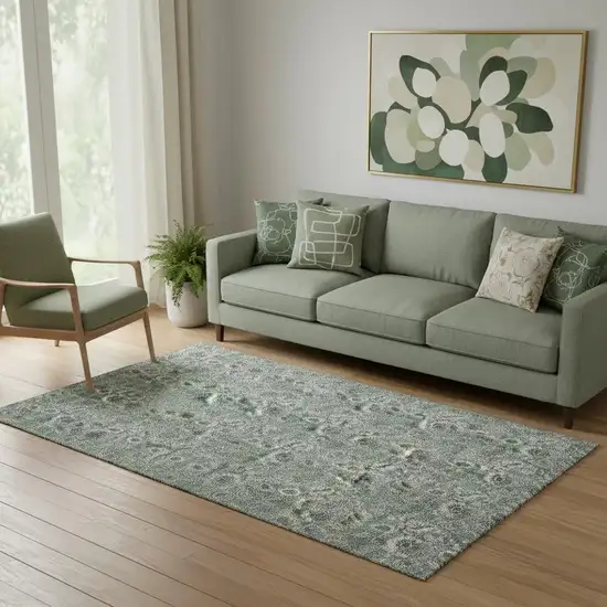 Sage And Silver Floral Washable Area Rug With UV Protection Photo 1