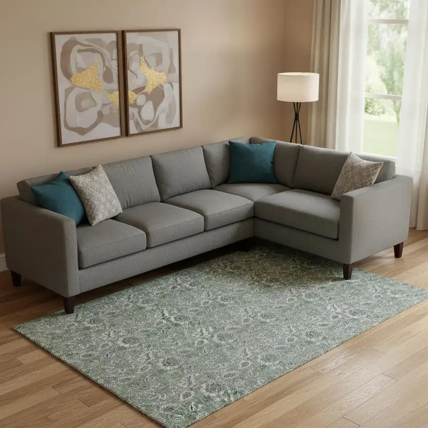 Sage And Silver Floral Washable Area Rug With UV Protection Photo 1