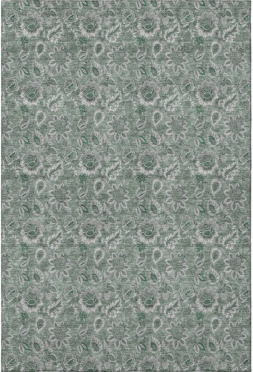 Sage And Silver Floral Washable Area Rug With UV Protection Photo 3
