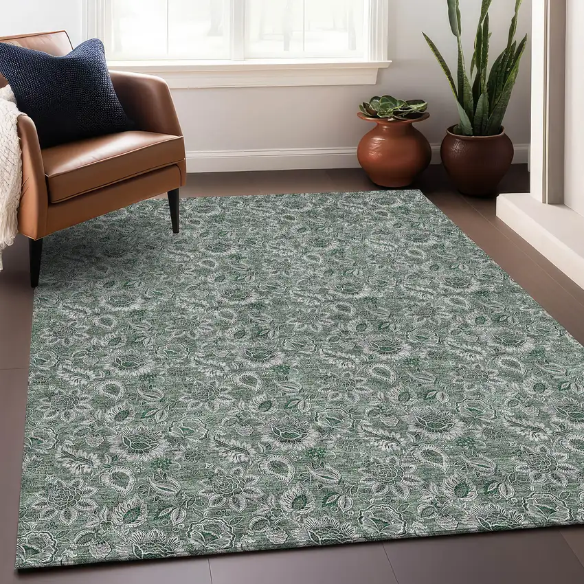 Sage And Silver Floral Washable Area Rug With UV Protection Photo 5