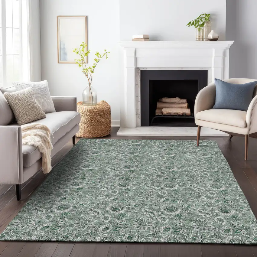 Sage And Silver Floral Washable Area Rug With UV Protection Photo 4