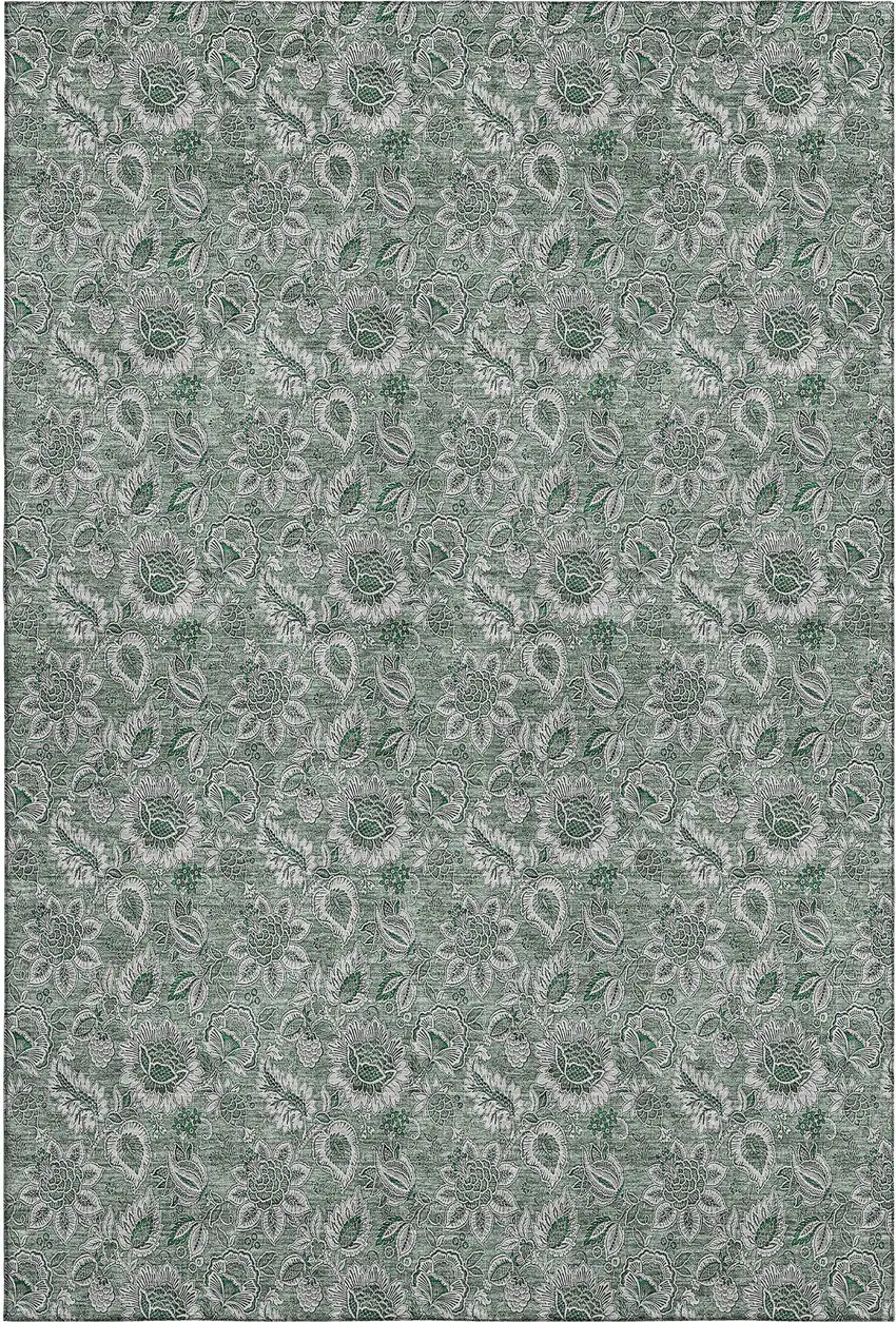 Sage And Silver Floral Washable Area Rug With UV Protection Photo 1