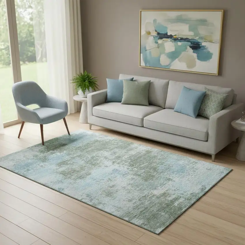 Sage And Sky Blue Abstract Washable Area Rug With UV Protection Photo 2
